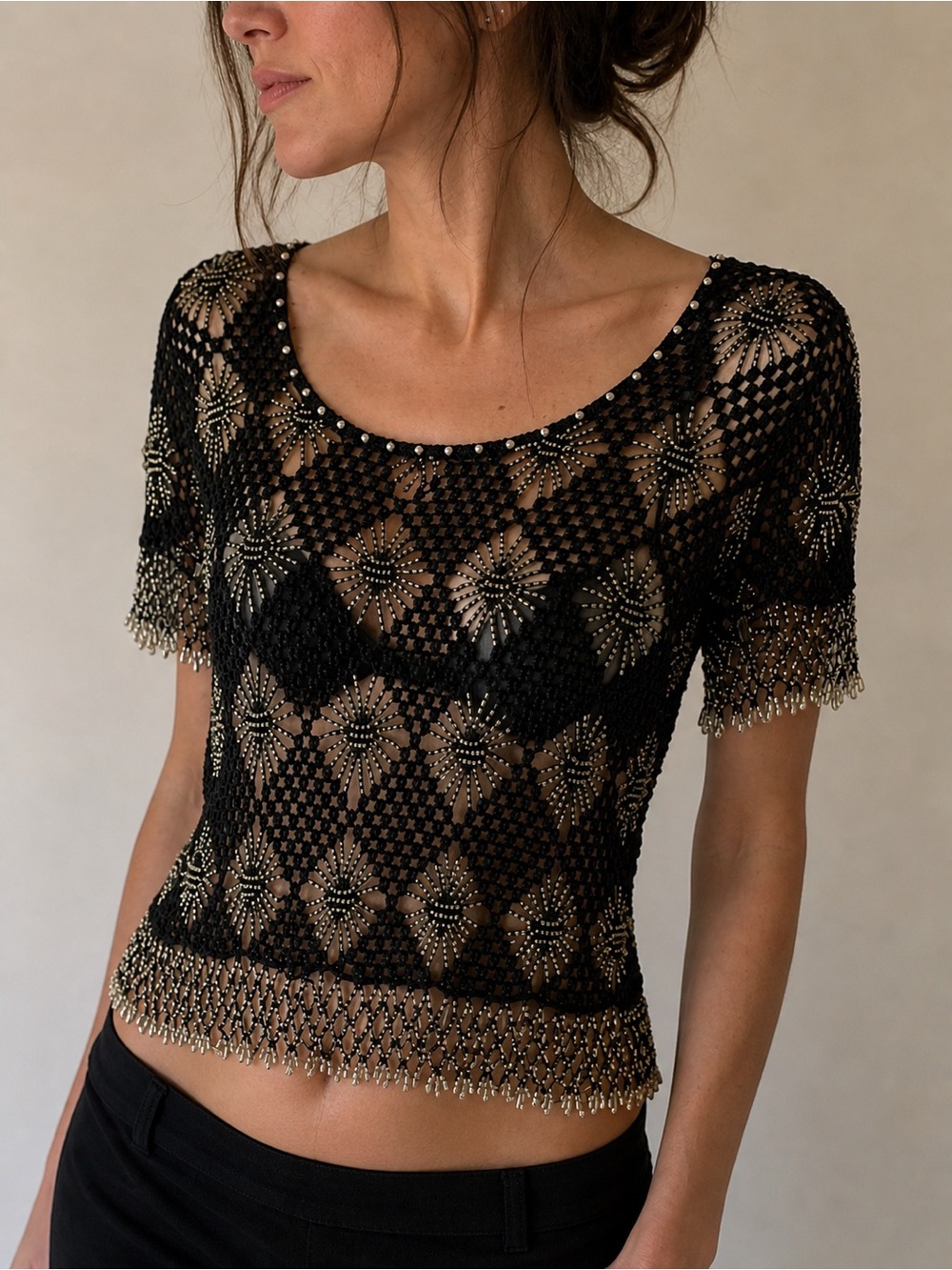 NWT Nataya Vintage 1997 Black Beaded Crochet Mesh Top Floral Boho Rare Medium